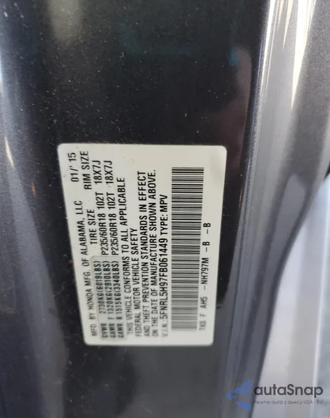 2015 Honda Odyssey Touring z USA, uszkodzony, nr VIN 5FNRL5H97FB061449